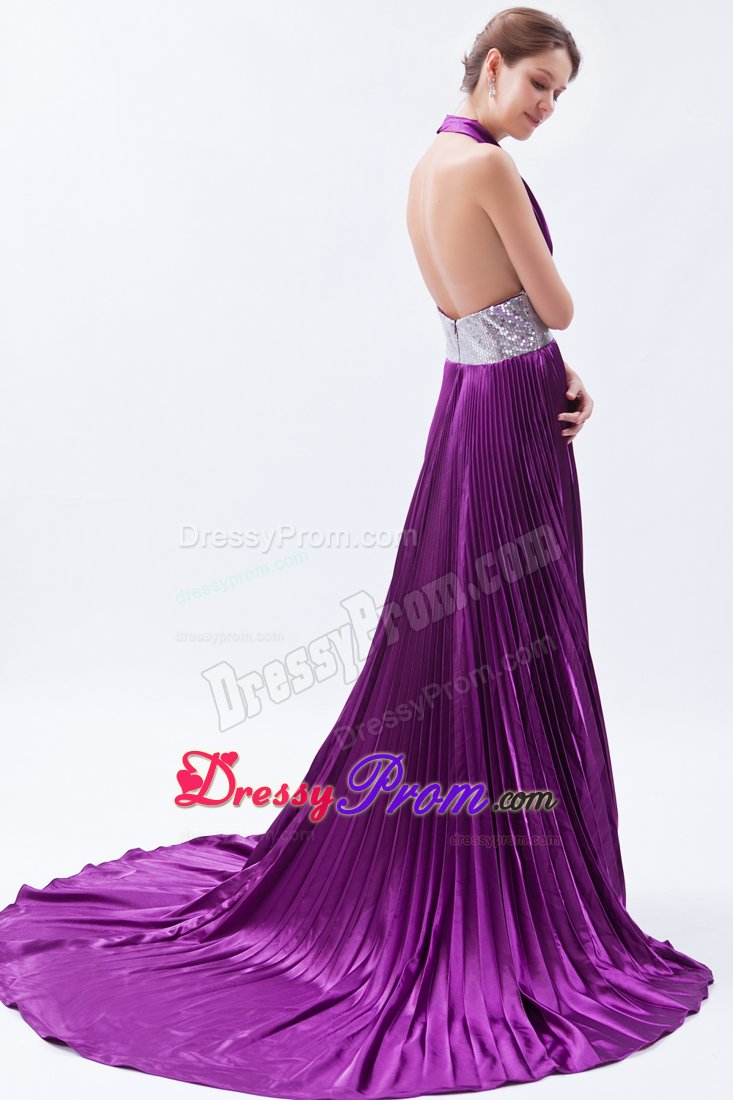 Eggplant Purple Halter Court Train Prom Celebrity Dress with Beading