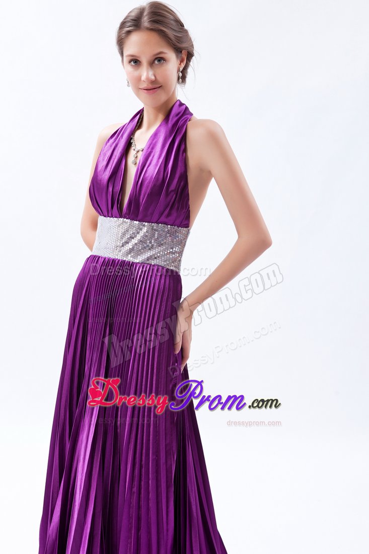 Eggplant Purple Halter Court Train Prom Celebrity Dress with Beading