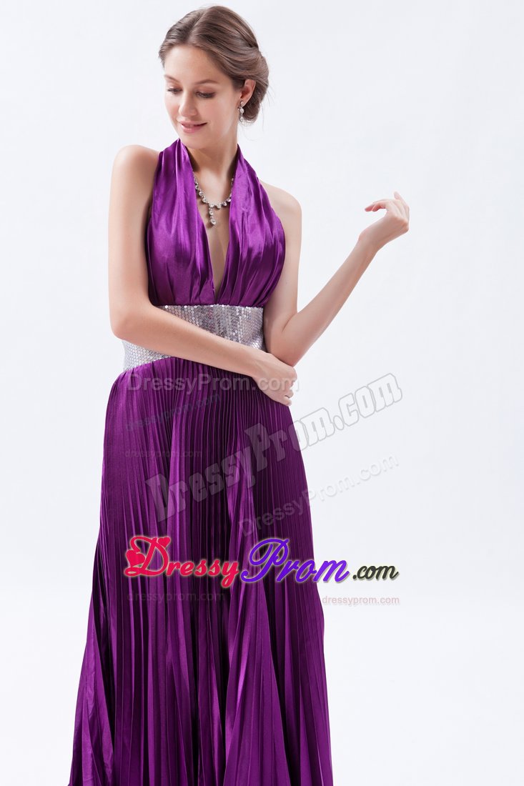 Eggplant Purple Halter Court Train Prom Celebrity Dress with Beading