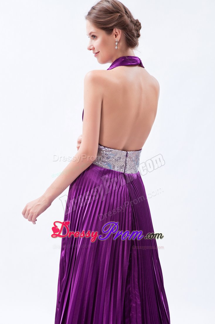 Eggplant Purple Halter Court Train Prom Celebrity Dress with Beading