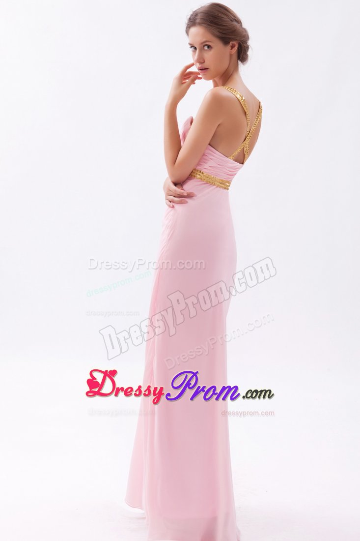 Beaded and Ruched Pink Prom Graduation Dresses with Criss Cross
