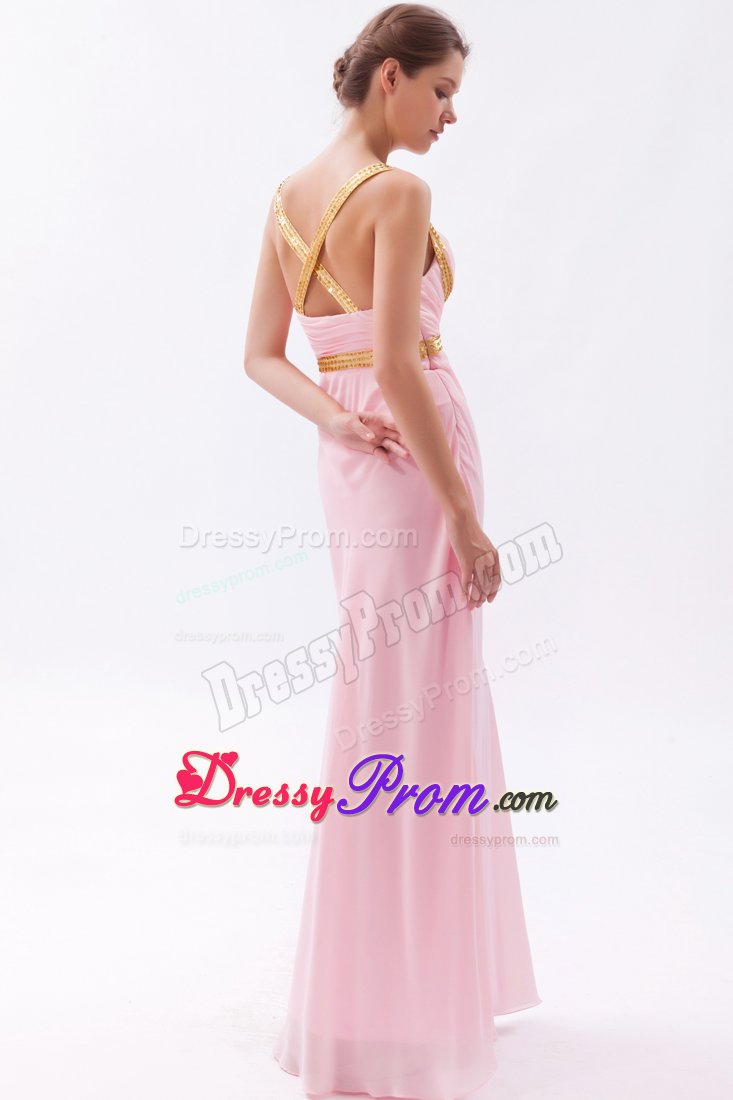 Beaded and Ruched Pink Prom Graduation Dresses with Criss Cross