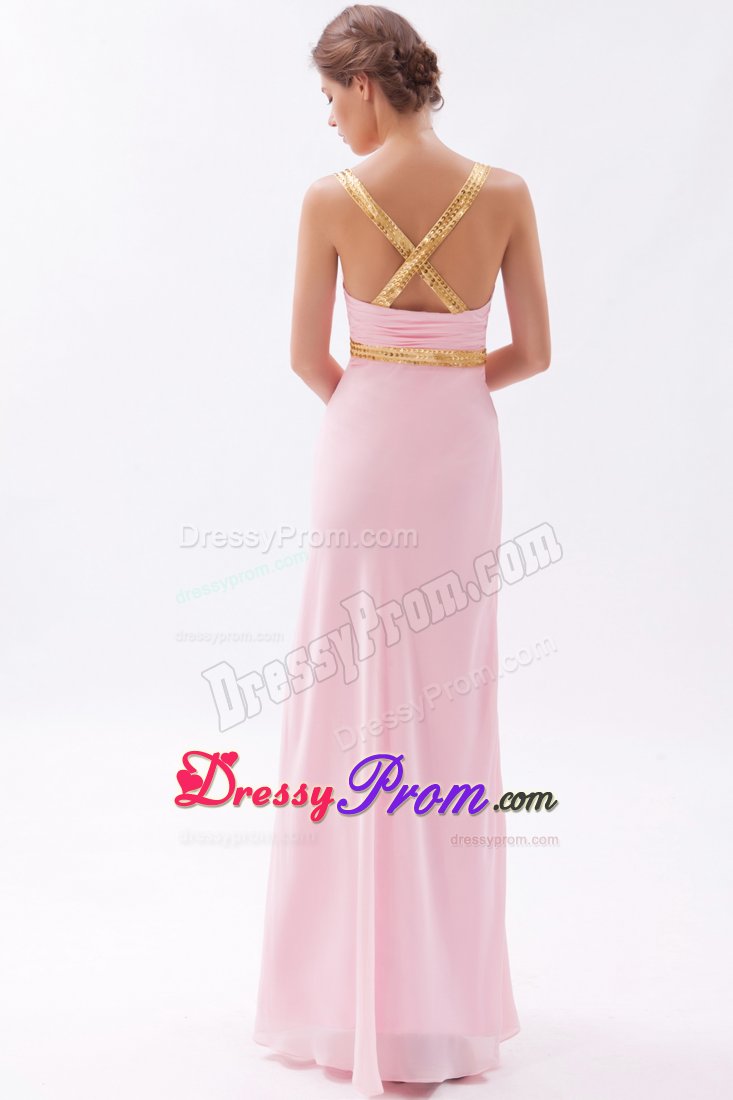 Beaded and Ruched Pink Prom Graduation Dresses with Criss Cross