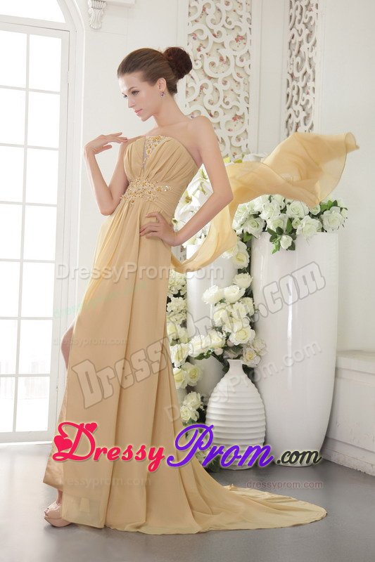 Gold Empire Chiffon Prom Graduation Dress with Brush Train 2014