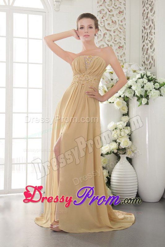 Gold Empire Chiffon Prom Graduation Dress with Brush Train 2014