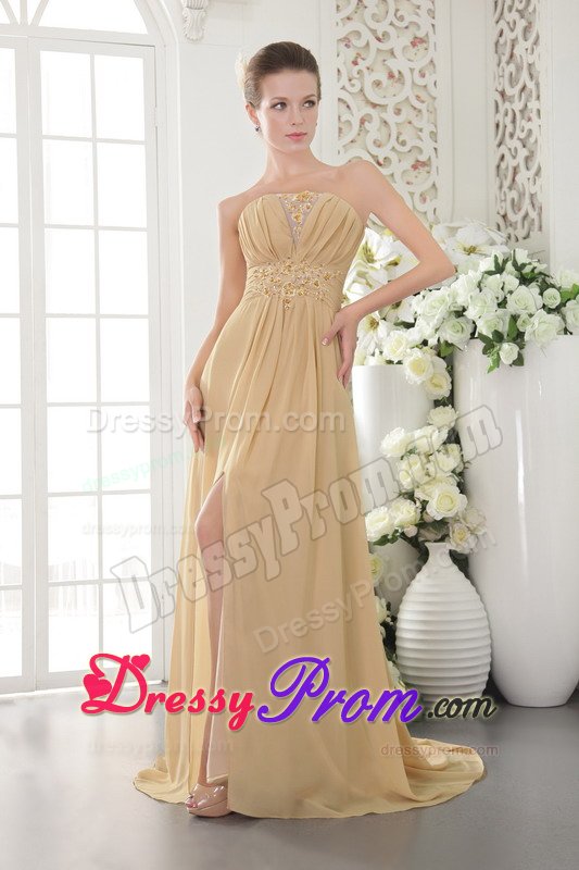 Gold Empire Chiffon Prom Graduation Dress with Brush Train 2014