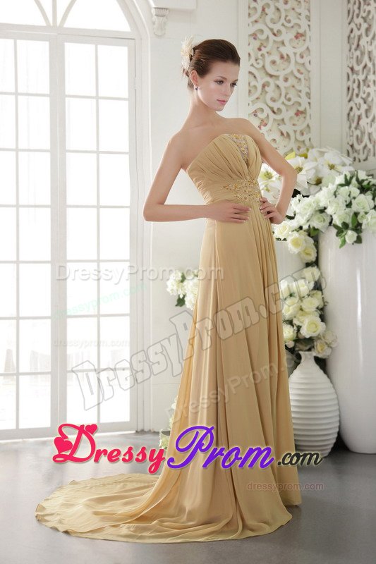Gold Empire Chiffon Prom Graduation Dress with Brush Train 2014