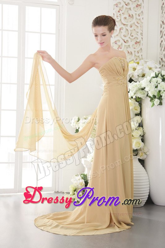 Gold Empire Chiffon Prom Graduation Dress with Brush Train 2014