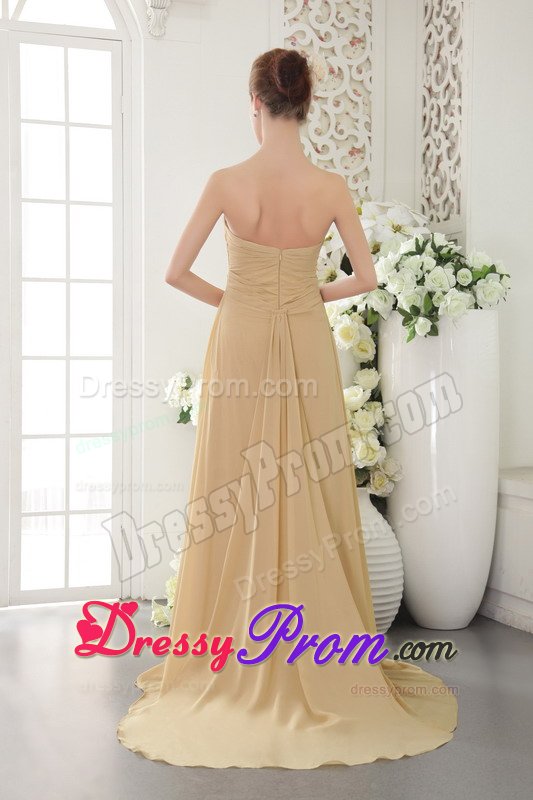 Gold Empire Chiffon Prom Graduation Dress with Brush Train 2014