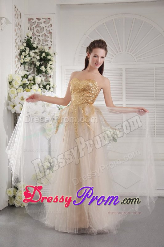 Gold Sequined Bodice Long Prom Graduation Dress in Champagne 2014