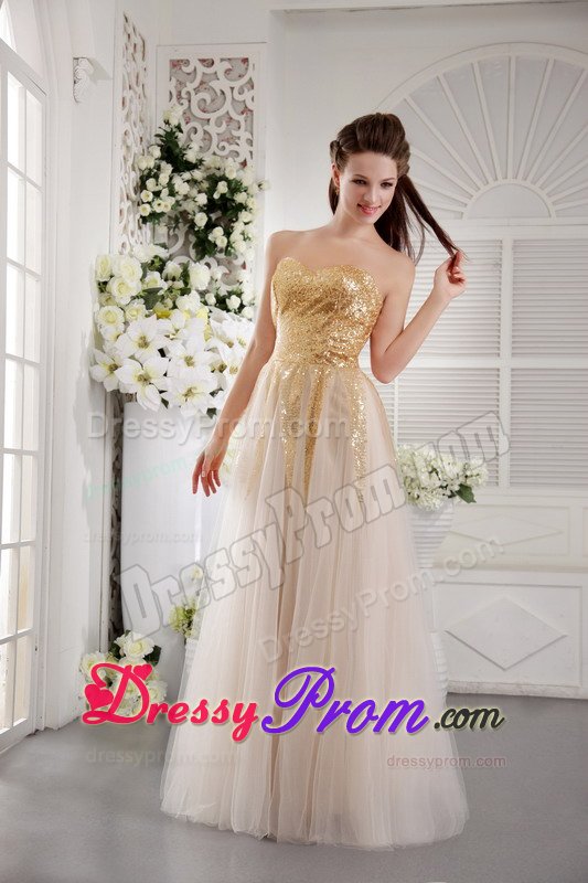 Gold Sequined Bodice Long Prom Graduation Dress in Champagne 2014