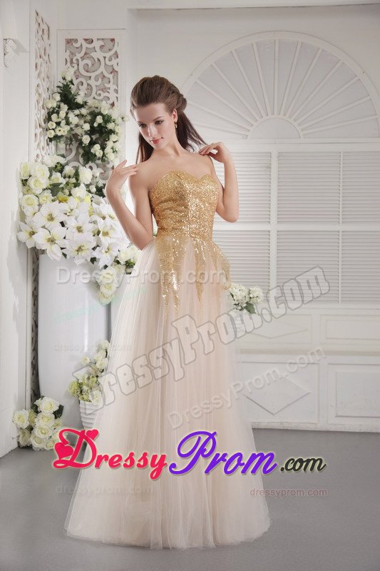 Gold Sequined Bodice Long Prom Graduation Dress in Champagne 2014