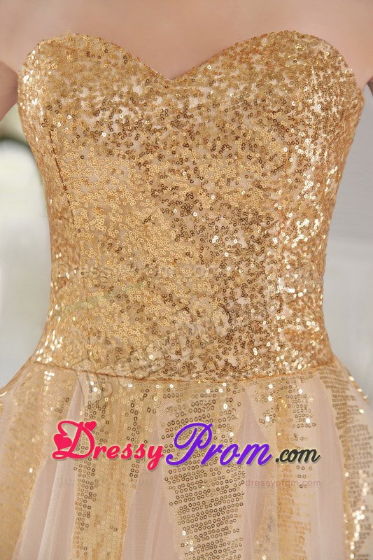 Gold Sequined Bodice Long Prom Graduation Dress in Champagne 2014