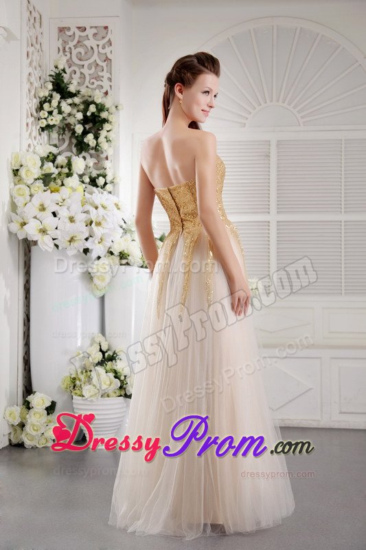Gold Sequined Bodice Long Prom Graduation Dress in Champagne 2014