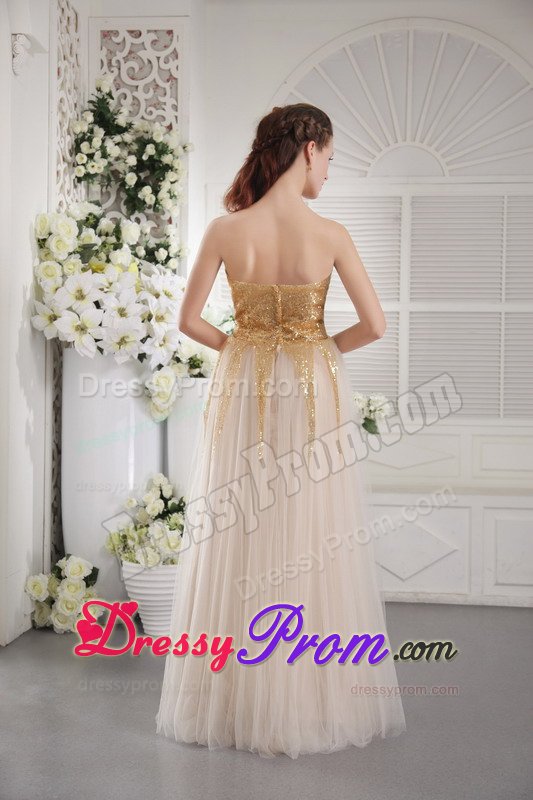 Gold Sequined Bodice Long Prom Graduation Dress in Champagne 2014