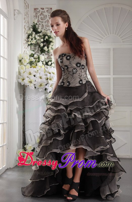 Beaded High Low Gray Organza Prom Graduation Dress with Ruffles