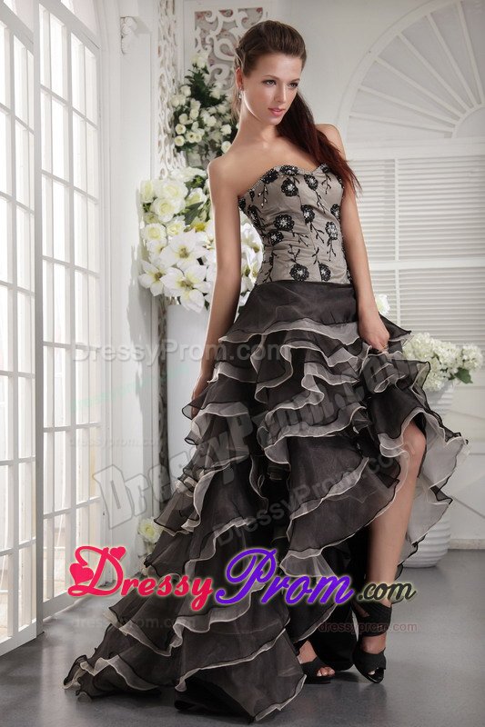 Beaded High Low Gray Organza Prom Graduation Dress with Ruffles