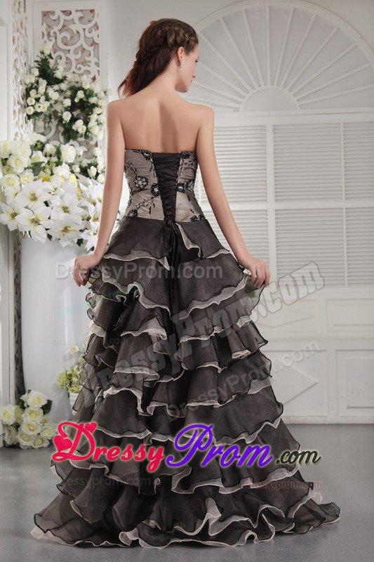 Beaded High Low Gray Organza Prom Graduation Dress with Ruffles
