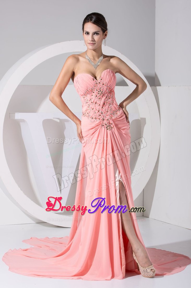 Jewelry Decorate Prom Dresses with High Slit and Watteau