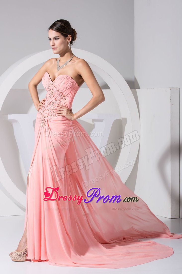 Jewelry Decorate Prom Dresses with High Slit and Watteau