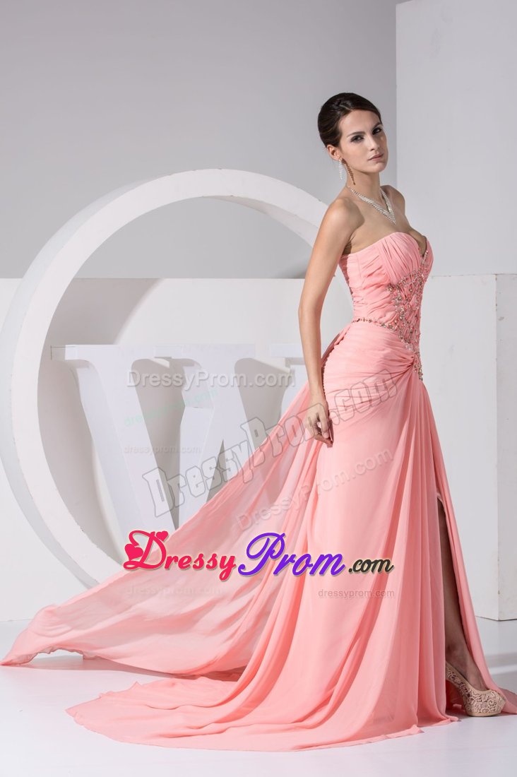Jewelry Decorate Prom Dresses with High Slit and Watteau