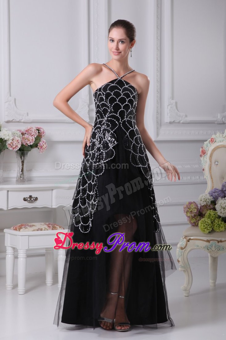 V-neck Tulle Tiers High Low Prom Dresses Sequin Decorate