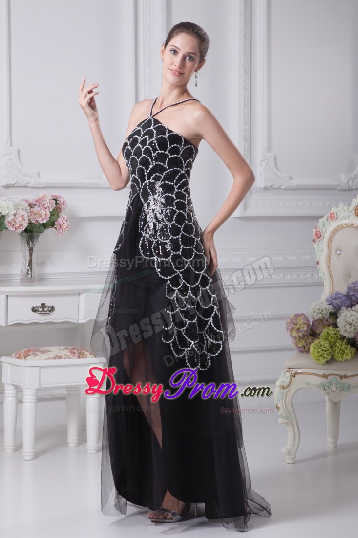 V-neck Tulle Tiers High Low Prom Dresses Sequin Decorate