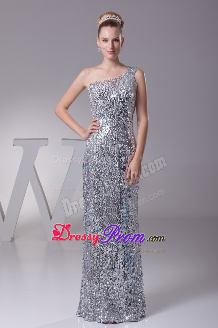 Silver Sequin Over One Shoulder Sheath Prom Gowns For Beauties