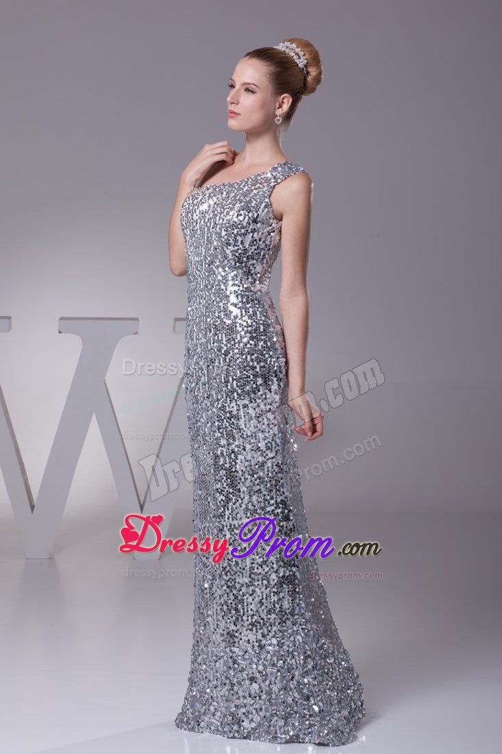 Silver Sequin Over One Shoulder Sheath Prom Gowns For Beauties