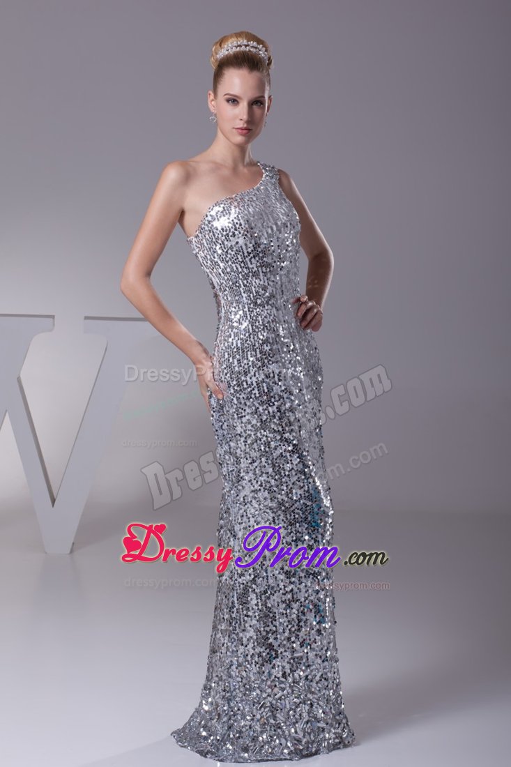 Silver Sequin Over One Shoulder Sheath Prom Gowns For Beauties