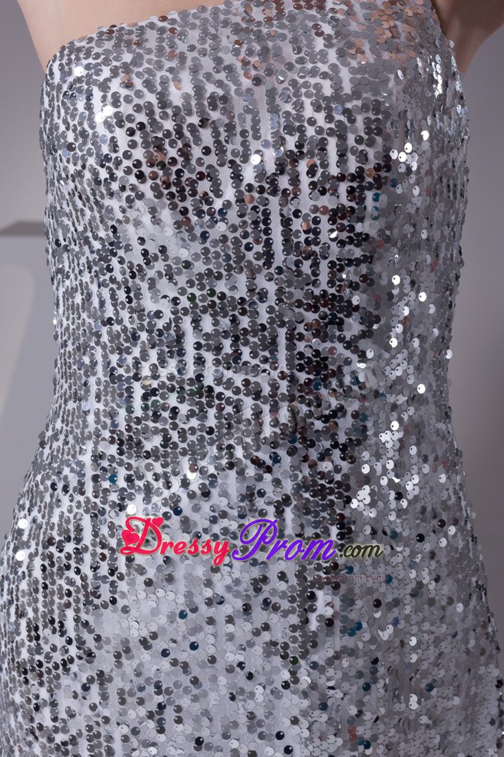 Silver Sequin Over One Shoulder Sheath Prom Gowns For Beauties