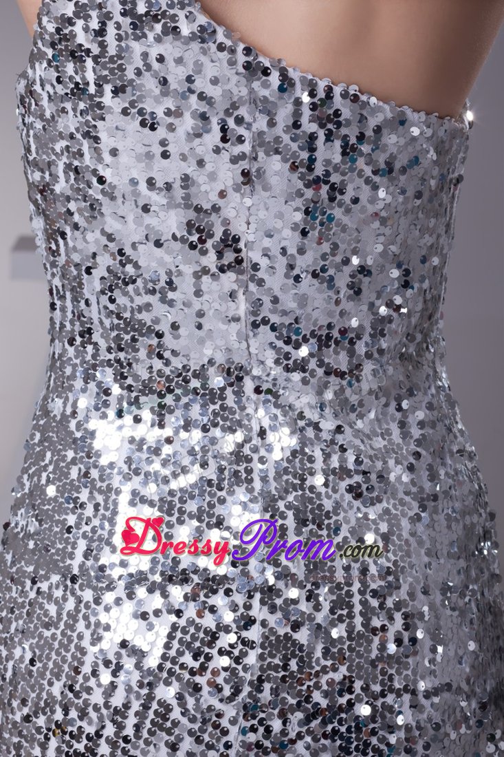 Silver Sequin Over One Shoulder Sheath Prom Gowns For Beauties