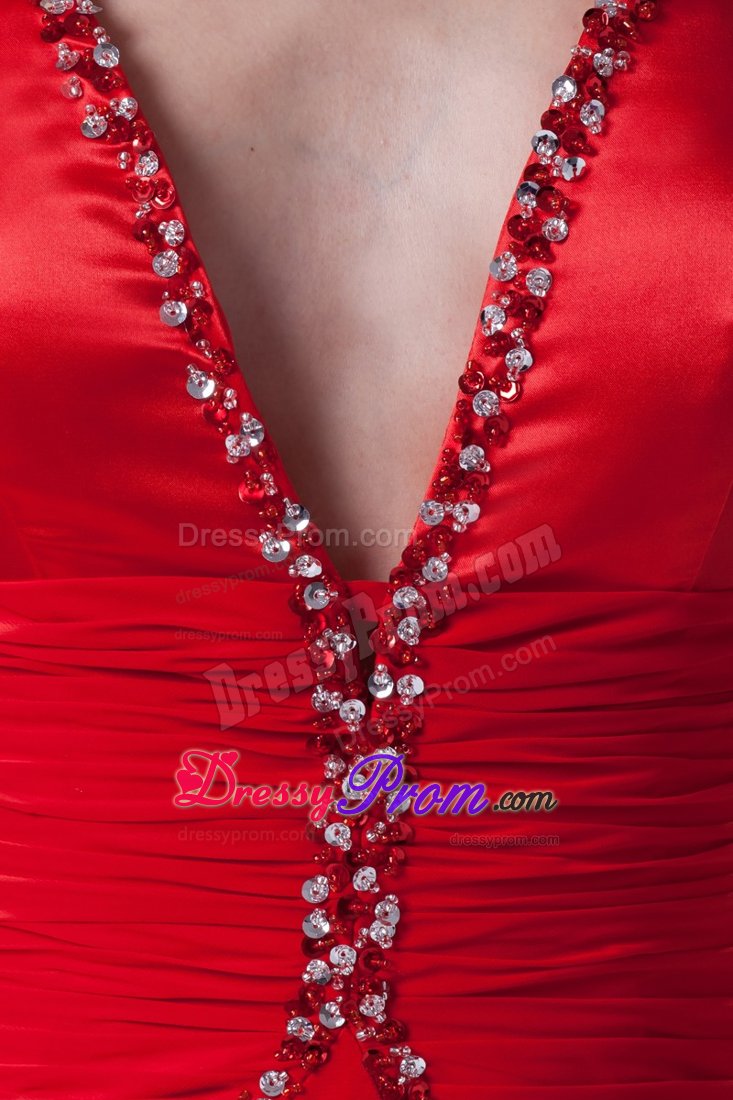 Beading and Ruching for Red V-neck Brush Prom Dresses in 2014