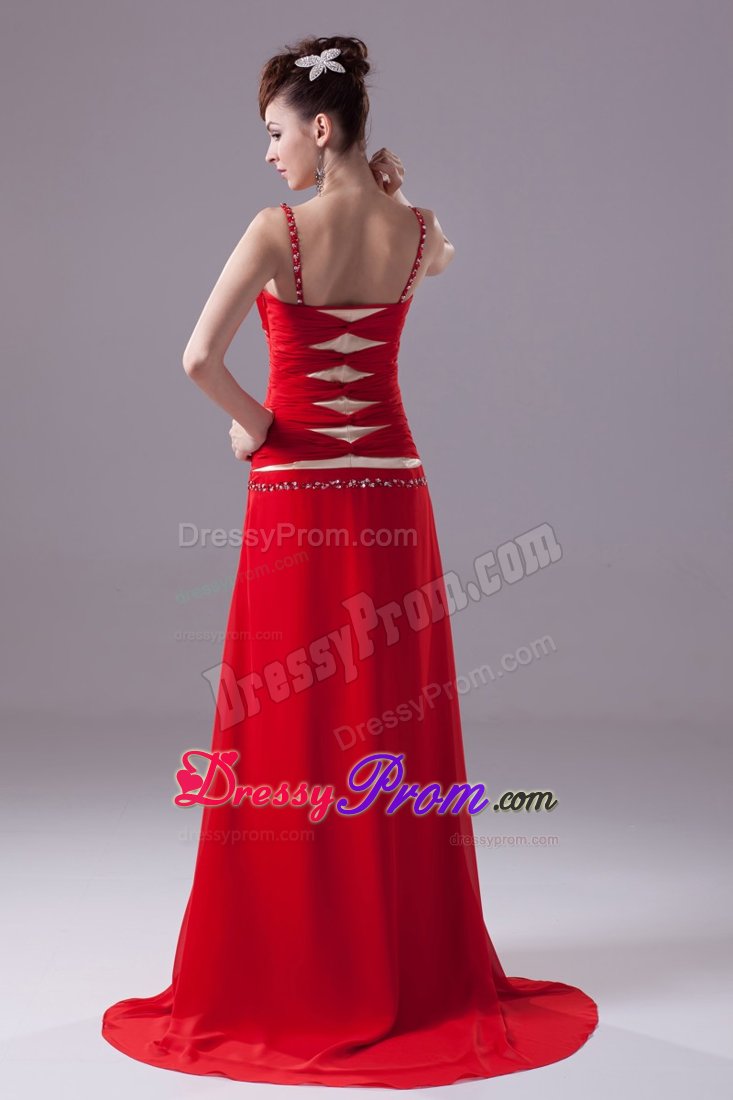 Beading and Ruching for Red V-neck Brush Prom Dresses in 2014