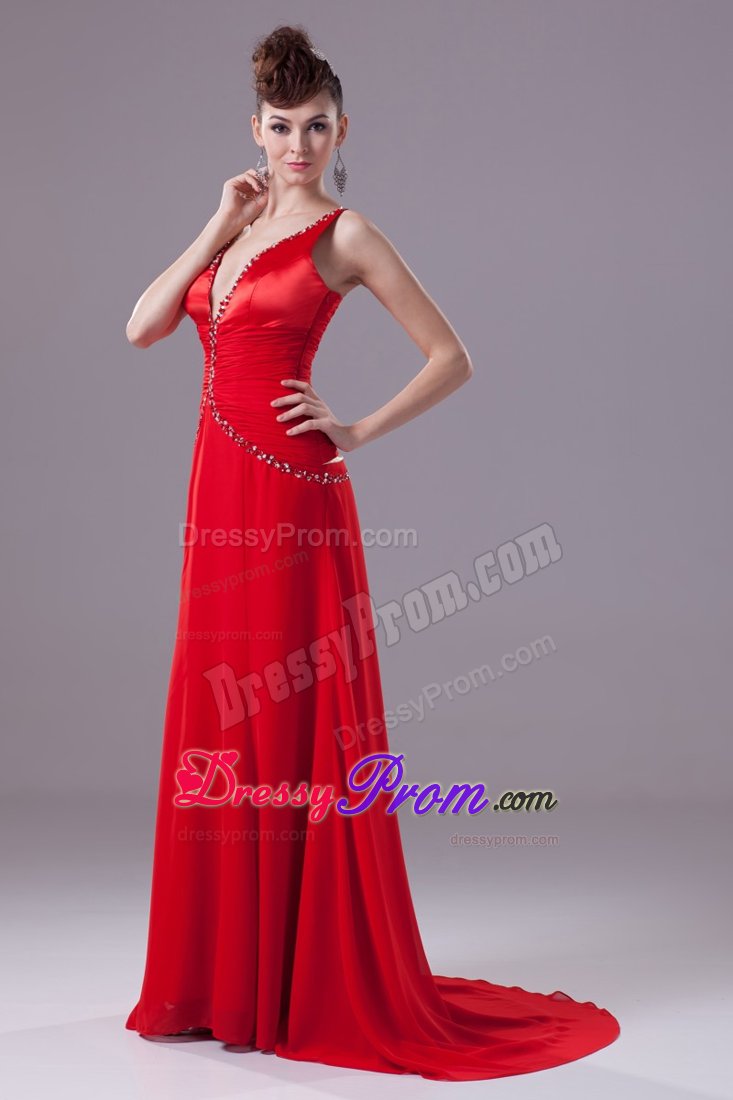 Beading and Ruching for Red V-neck Brush Prom Dresses in 2014