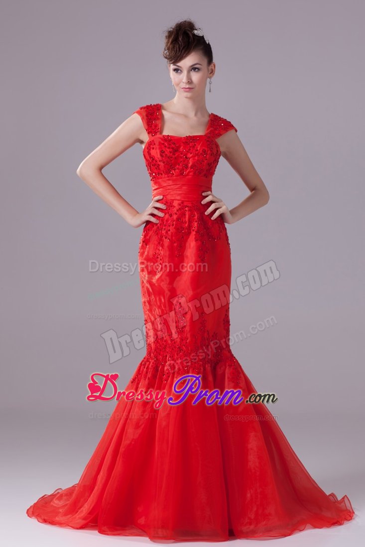 Square Trumpet for Beading and Appliques Prom Dresses with Brush