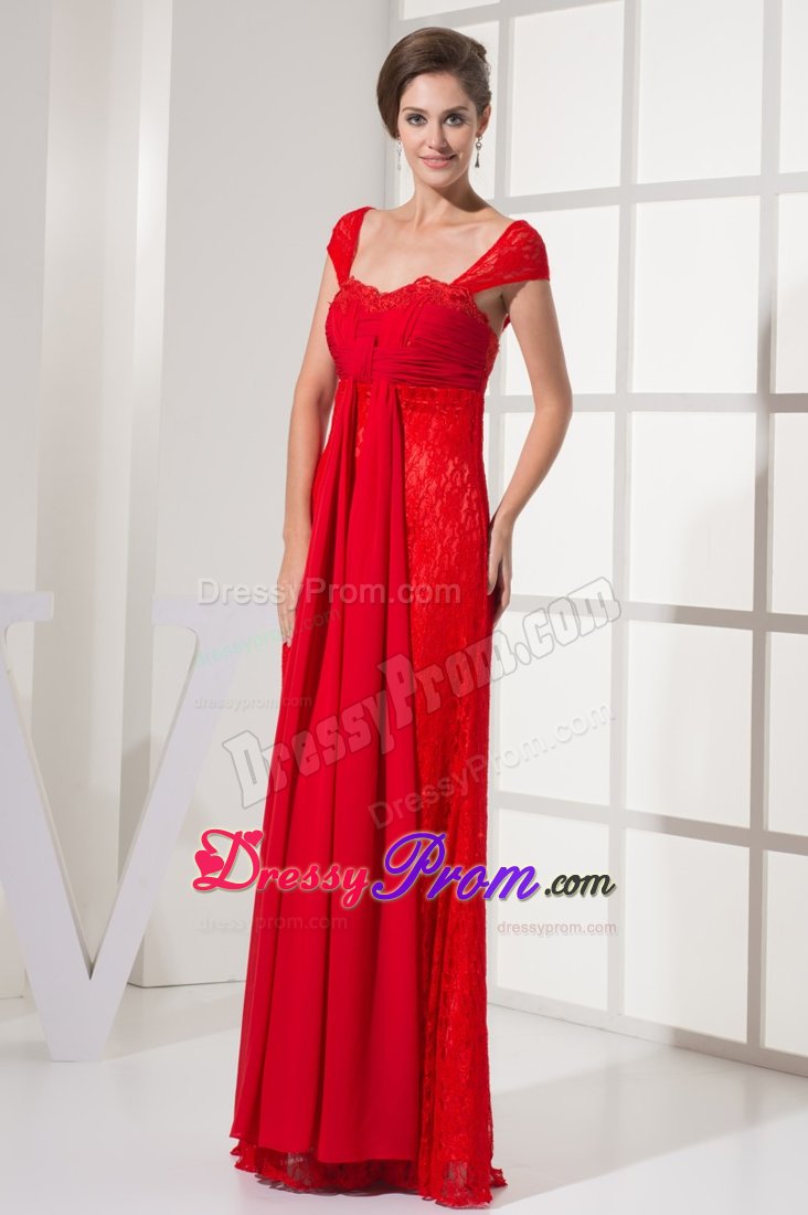 New Red Zipper-up Ruche Prom Holiday Dress Floor-length Lace Decorated