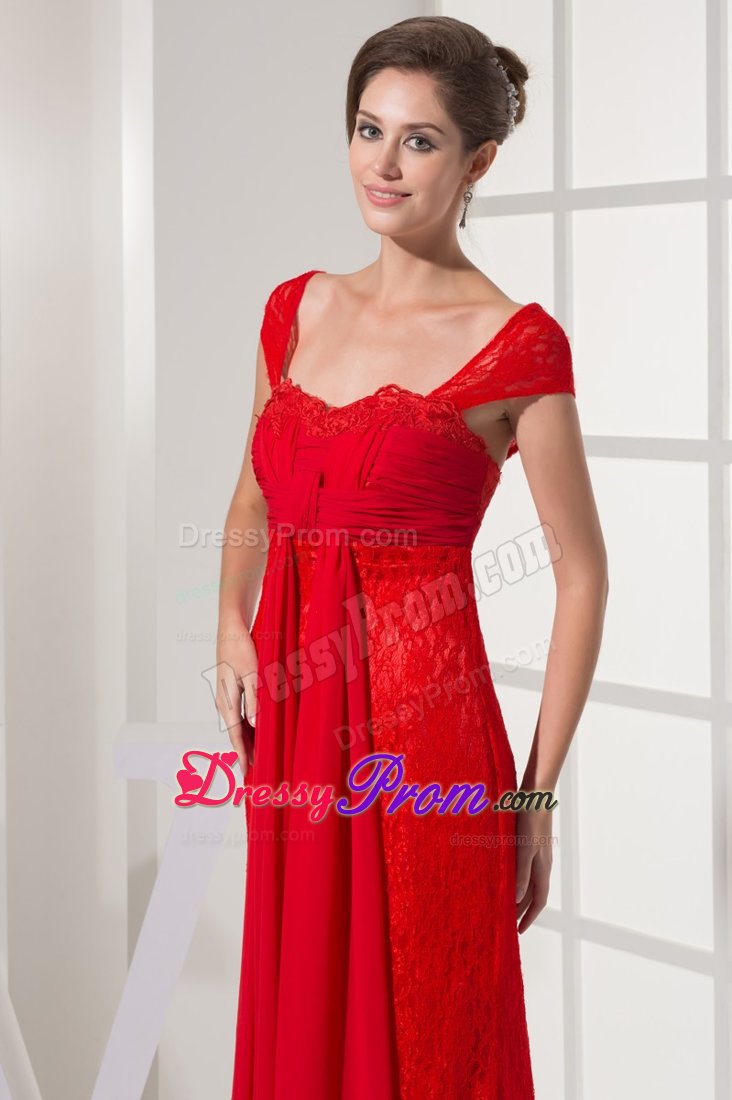 New Red Zipper-up Ruche Prom Holiday Dress Floor-length Lace Decorated