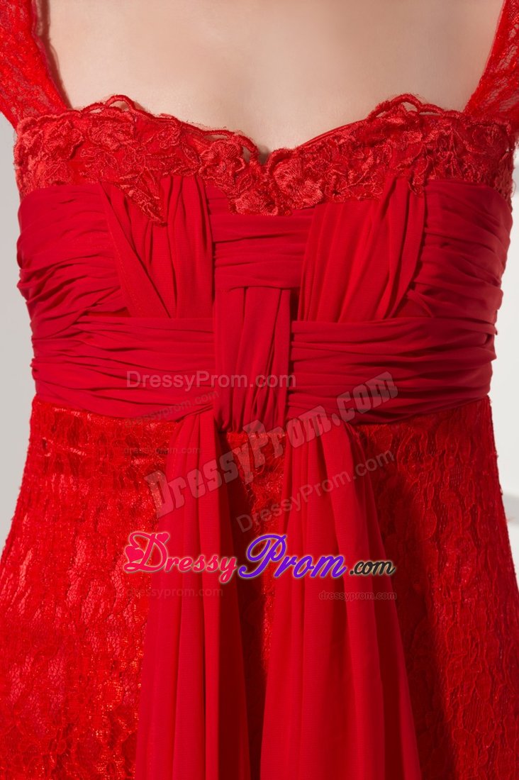 New Red Zipper-up Ruche Prom Holiday Dress Floor-length Lace Decorated