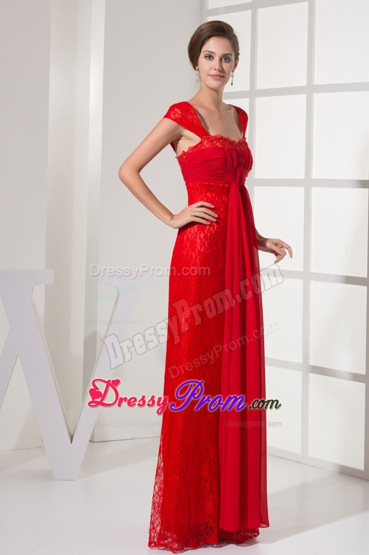New Red Zipper-up Ruche Prom Holiday Dress Floor-length Lace Decorated
