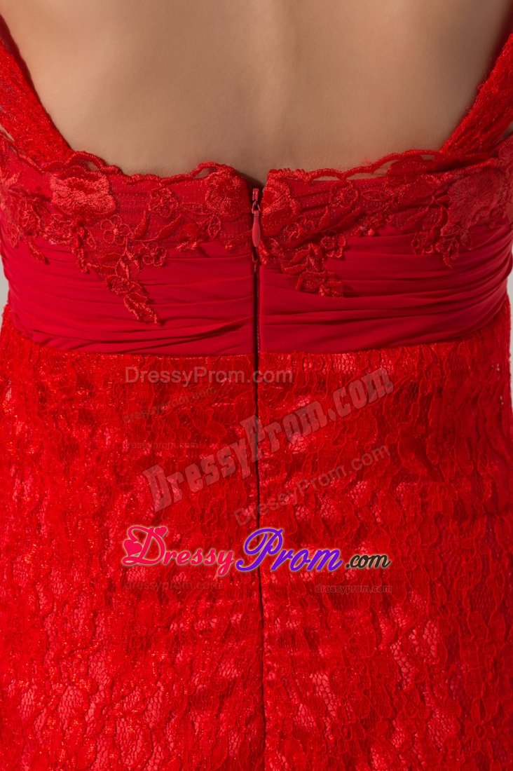 New Red Zipper-up Ruche Prom Holiday Dress Floor-length Lace Decorated