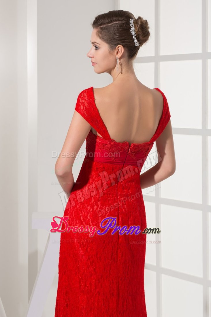 New Red Zipper-up Ruche Prom Holiday Dress Floor-length Lace Decorated
