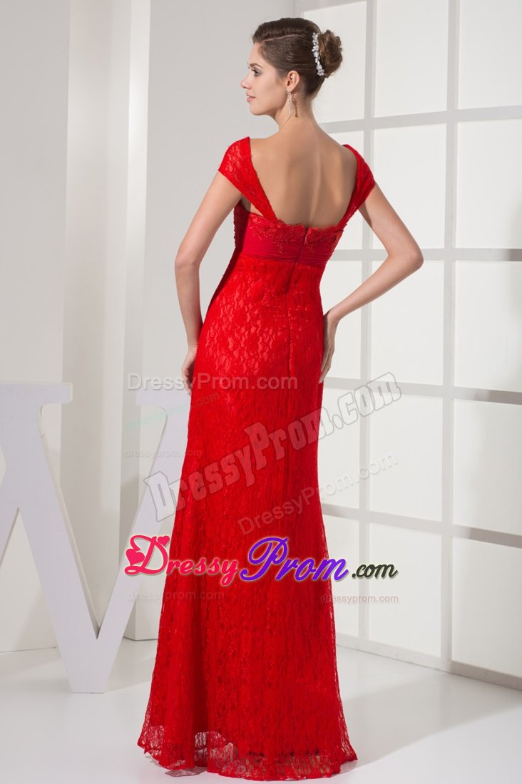 New Red Zipper-up Ruche Prom Holiday Dress Floor-length Lace Decorated