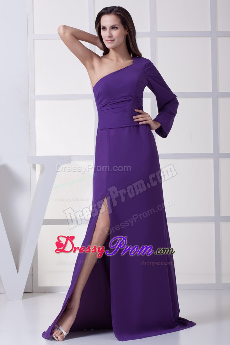 Popular Purple One Long Sleeve Prom Celebrity Dress High Slit Brush Train