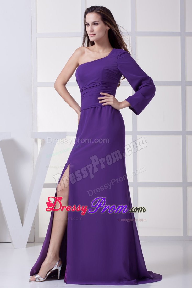 Popular Purple One Long Sleeve Prom Celebrity Dress High Slit Brush Train