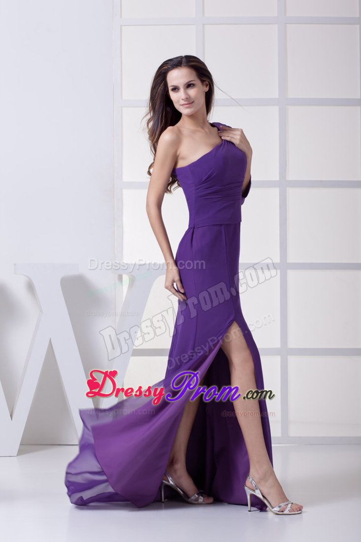 Popular Purple One Long Sleeve Prom Celebrity Dress High Slit Brush Train