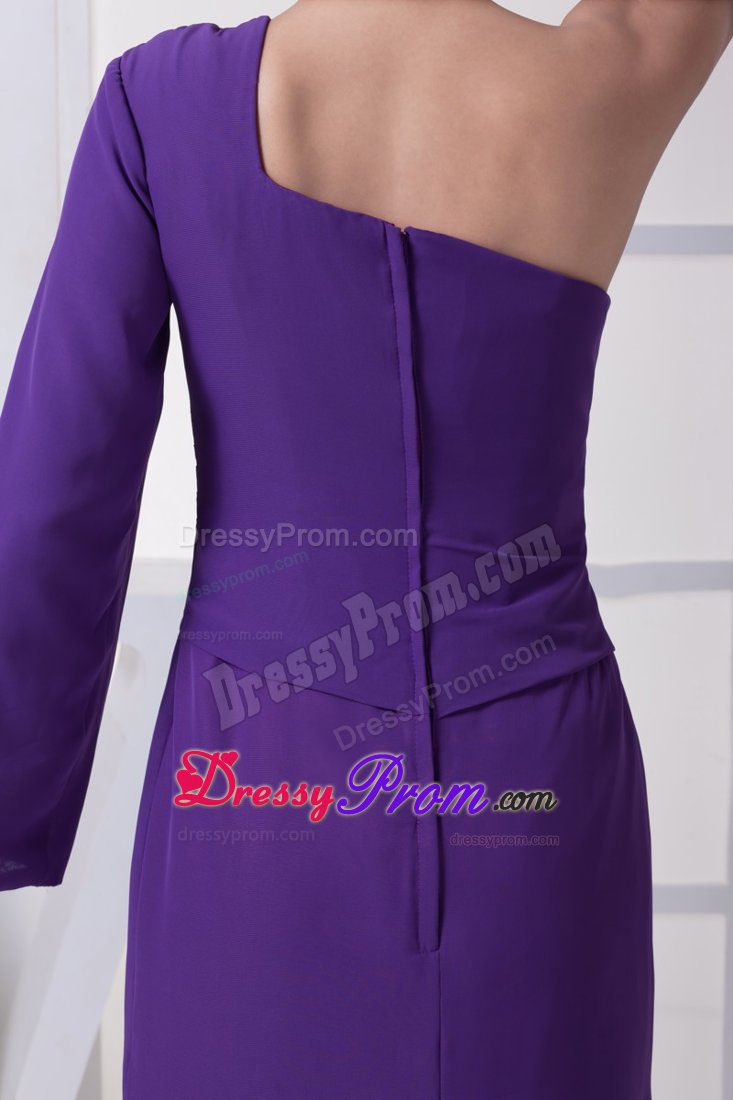 Popular Purple One Long Sleeve Prom Celebrity Dress High Slit Brush Train
