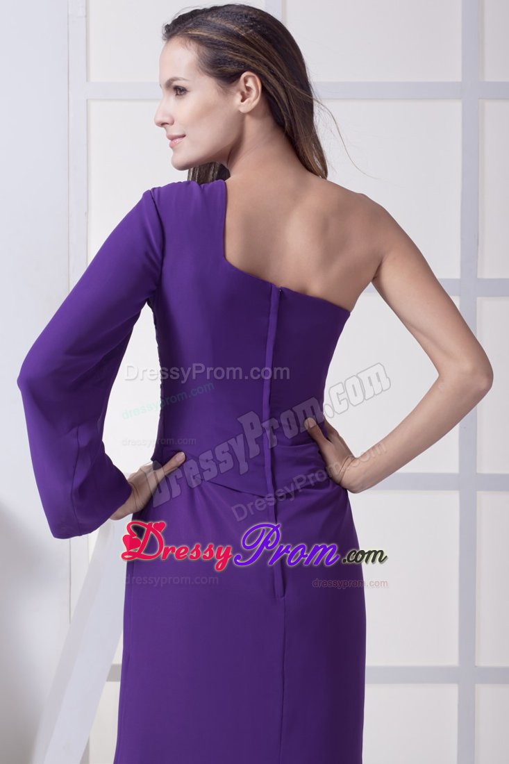 Popular Purple One Long Sleeve Prom Celebrity Dress High Slit Brush Train