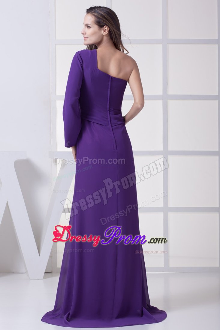 Popular Purple One Long Sleeve Prom Celebrity Dress High Slit Brush Train