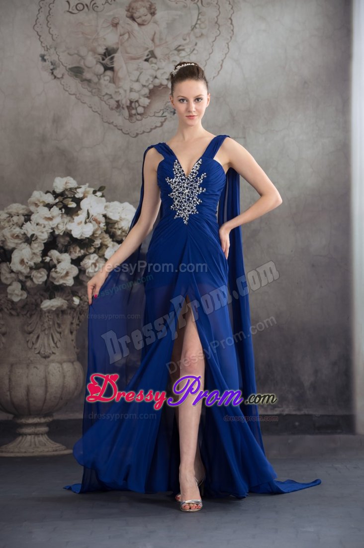 High Slit Beaded Prom Gown Dress Watteau Train in Royal Blue for Juazeiro